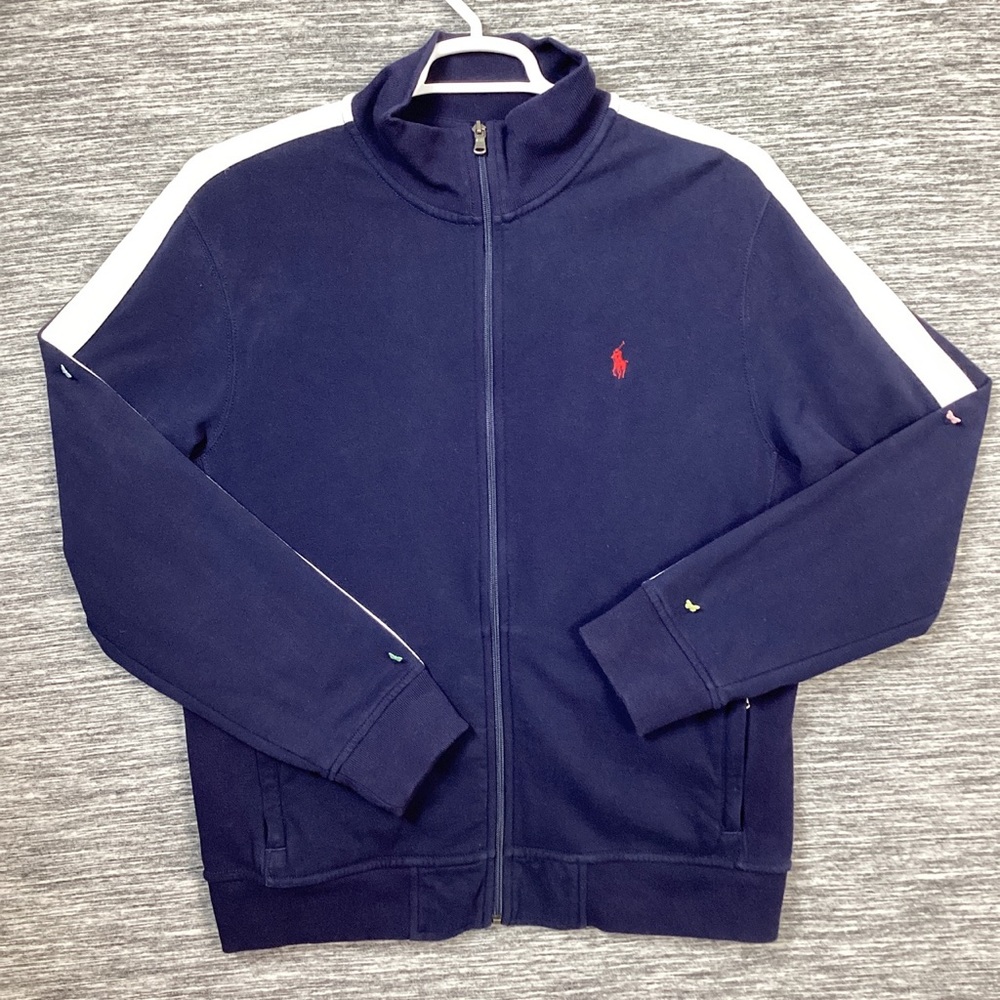 RL Men’s NavyBlue MockNeck Full Zip Long Sleeve Jacket White Stripe Sweater